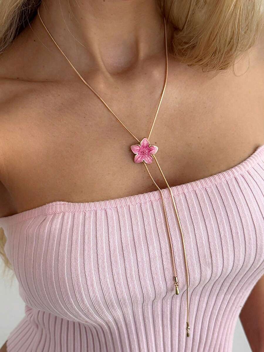 1pc Elegant Minimalist Pink Ombre Floral Gold Y-Shaped Chain Necklace, Suitable For Beach, Dates, Parties, Gift For Girlfriend, Mom, Wife, Birthday, Holiday, Versatile Daily Wear - Golden - View 1