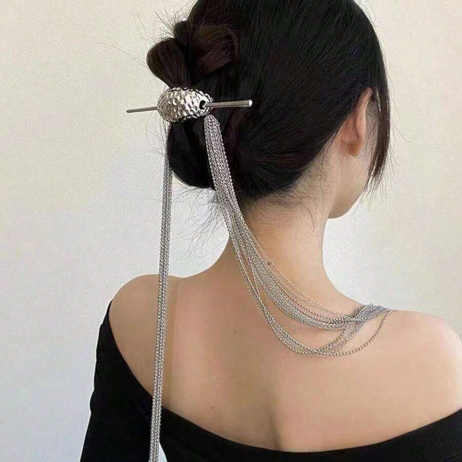 Long Tassel Chain Hair Accessories Popular Style Metal Ring Silvery Plated Women Girl Hair Wear Statement Jewelry Party, Gold Piece Jewelry Pieces Jewelry, Hair Jewellery, Wedding, Bride To Be - 銀色 - 查看 1