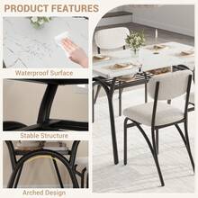 Mesa de comedor Conjunto para 4, Mesa de cocina con sillas de bucle para 4, Mesa de comedor rectangular moderna con estante de almacenamiento para espacio pequeño - blanco roto y mármol - Ver 8