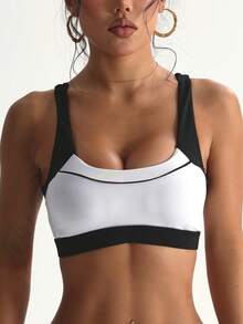 Women's Solid Black & White Patchwork Removable Padded Sports Racerback Knit Bra - Black and White - View 5