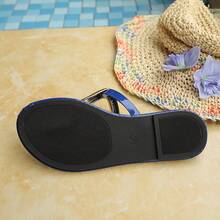 New Gold Color Sandals For Women, Summer Outdoor Wear Metal Buckle Flat Thong Slippers - Royal Blue - View 11