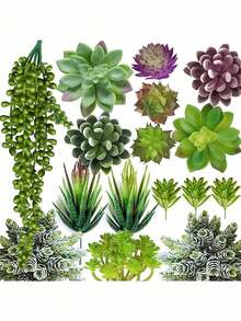 20pcs-Artificial Succulent Plant Pot, Rectangular Wood Flower Pot Decoration, Table Center Decoration, Windowsill Green Plant Decoration, A Variety Of Non-Potted Realistic Plants Fake Texture Succulent Picking Realistic Plastic Cactus Stem Succulent Garden Home Decoration (Big Style), Home Summer Green Pot Decoration, Event Party Decoration.(Random Style) - Multicolor - View 5