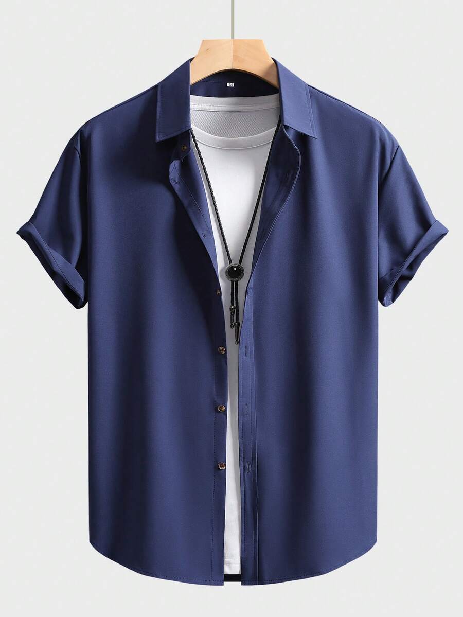 Kemeja Lengan Pendek Kasual Bisnis Warna Polos untuk Pria - Navy Blue - View 1