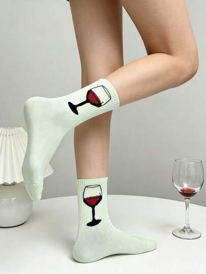 1 Pair Women's Multi-Color Socks With White Base And Wine Glass Pattern, Comfortable Soft And Versatile For Daily Wear, Mid-Calf Length