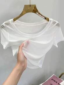Áo lót dáng ngắn, áo blouse ren mỏng ôm sát, áo thun ngắn tay lưới cho nữ mặc thường ngày - trắng - Xem 3
