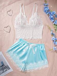 Regalo sorpresa del Día de San Valentín, nuevo conjunto de lencería sexy, sujetador de encaje blanco suave con decoración de pestañas de mariposa, shorts de satén ajustables, conjunto de ropa de dormir de 2 piezas, elegante y exquisito atuendo para fiesta - Azul cielo - Ver 2