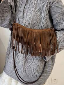 Matte Retro Korean Style Fashion Versatile Tassel Shoulder Crossbody Dumpling Handbag - Brown - View 2