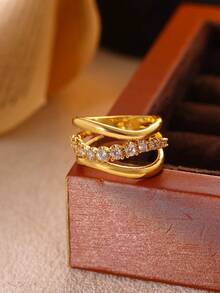 1 Stück Luxus Kubikzirkonia Wellen Ring für Frauen in Goldfarbe, geometrischer Ring, modischer Partyschmuck, Muttertags Geschenk - Gold - Übersicht 2