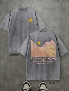 Faith Can Move Mountain Unisex Washed Christian Shirt, Christian Scripture T-Shirt, Vintage Retro Washed Shirt Double Sided Printed (230 Heavyweight Pure Cotton T-Shirt) High Quality Christian T-Shirt, Christian Gifts, Men's And Women's Shirts, Comfortable, Fashion Christian Shirt, Street Style Pure Cotton Fall Shirtwinter Clothes For Women - 灰色 - 查看 15
