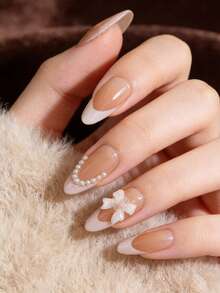 Bộ 24 miếng dán móng tay phong cách tối giản, móng giả hình hạnh nhân, kiểu móng Pháp màu trắng, họa tiết nơ ngọc trai 3D, thích hợp cho mùa xuân và mùa hè, nghệ thuật làm móng (bao gồm sơn gel và dũa móng). - Nhiều màu - Xem 2