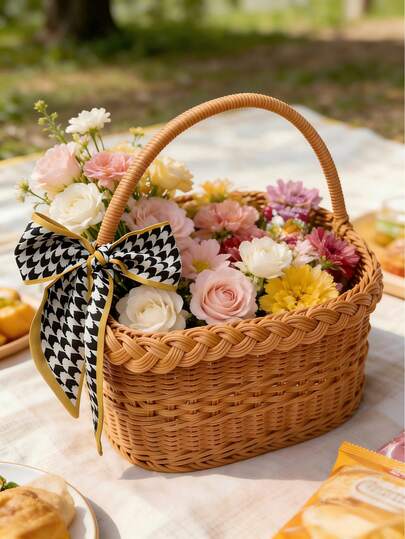 1pc Foldable Willow Picnic Basket With Handle, Natural Handwoven Easter Basket, Easter Egg Candy Basket, Bathroom Toy And Toy Storage Basket, Gift Packaging Basket. White, Home Decor, Fruit Basket, Gift Basket, Boho Home Decor