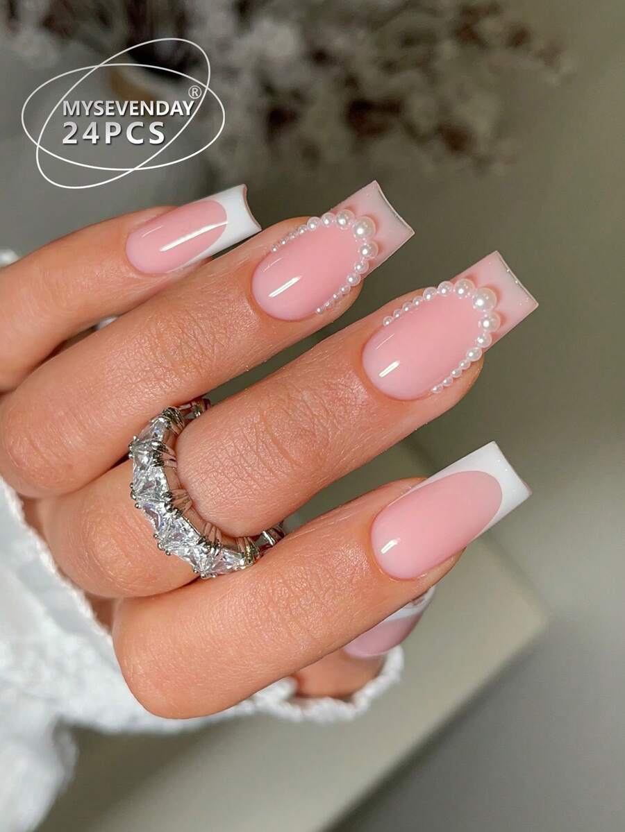 24 Pieces Press On Nails Square/Pure And Gentle Wealthy Heiress Style Nail Art, Based On Classic Nude Pink, Paired With Three-Dimensional Pearl Edging And Minimalist White French, With A Clean, High-End, And Gentle Style, Is An Excellent Choice For Dates, Weddings, Or Daily Commuting. - Multicolor - View 1