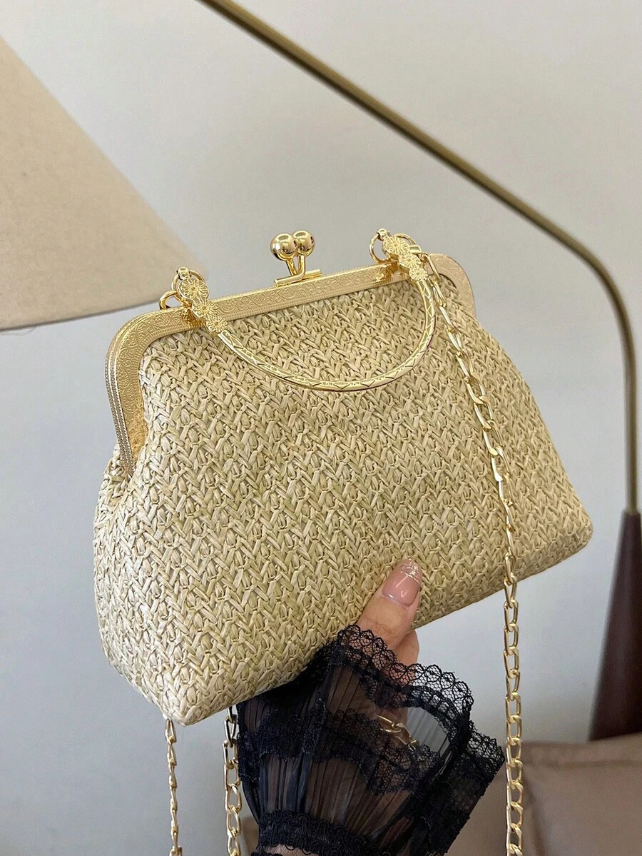 Túi xách đeo vai, túi tote, túi đi biển thời trang làm từ chất liệu rơm, có khóa kéo. - Màu Khaki - Xem 1