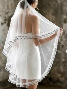 1pc Unique Double-Layer Ruffle Trim Veil, White Mid-Length Bridal Wedding Hair Accessory - Multicolor - View 6