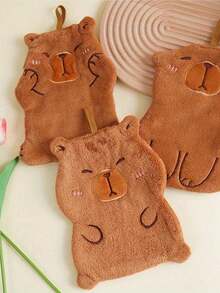 1Pc Minimalist Classic Capybara Coral Fleece Hand Towel - Hanging Design, Thickened, Lint-Free & Highly Absorbent Soft Towel For Home, Kitchen, Bathroom, Travel, Picnic & Dorm Room | Perfect Gift For Students, Couples, Friends & Loved Ones - Brown - View 4