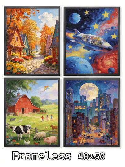 Town Starry Sky Grassland City 5D DIY Oil Painting By Numbers Craft For Adults Home Decor 40x50cm/16x20inch Holiday Gift