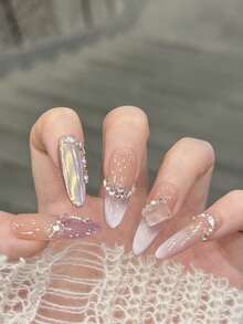 10pcs/Set Press On Nails, Amethyst Mirror, Spring/Summer New Arrival, Piled With Rhinestones, Gentle, Pure Seduction, Super Sparkling, Cat's Eye, Handcrafted Wearable Nail Art - Multicolor - View 3