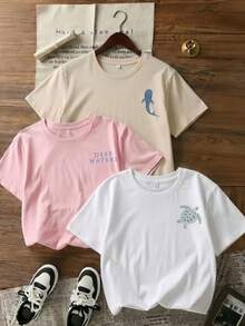 3件套女士夏季圆领短袖T恤，海洋生物海龟鲸鱼鲨鱼印花 - 粉色 - 查看 8