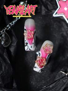 10片手工法式渐变粉白亚克力美甲贴纸，自然乡村风格3D花卉装饰，全覆盖美甲贴纸套装，包含1个迷你指甲锉和1个贴纸涂抹器，适合日常、休闲、度假、工作、春夏，是送给女性和女孩的绝佳礼物。 - 玫紅色 - 查看 6