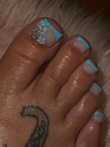 24pcs Glossy Short Square Press-On Toenails, Blue French Style Fake Toenails With Heart & Flower Design, Pink Full Coverage Acrylic Toenails, Women Nail Art Supplies - Baby Blue - View 1