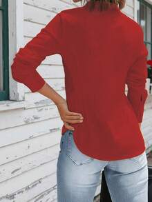 Camisa casual/de trabajo de manga larga, de un solo pecho, de unicolor rojo primavera para mujer - Rojo - Ver 2