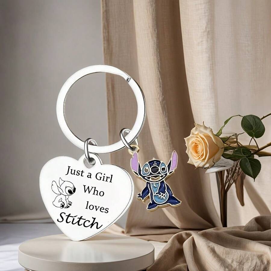 Disney 1件史迪奇动漫钥匙扣项链和钥匙扣包挂件不锈钢激光雕刻礼品 - 彩色 - 查看 1
