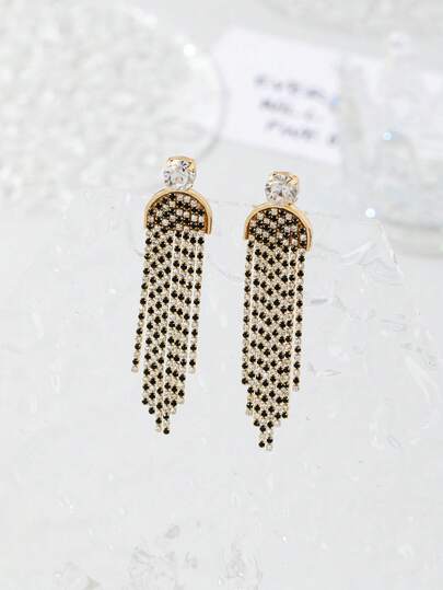 四季皆宜的时尚耳环] 优雅水钻流苏耳坠，复古波西米亚风长款耳环，不锈钢针，闪亮合金流苏，四季皆宜的时尚单品，适合日常佩戴和送礼