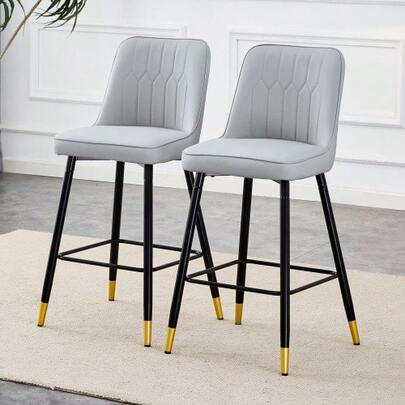 Set Of Two Bar Stools, 100 Cm High, Made Of Light Grey PU Leather With A Black Metal Frame And Comfortable Footrest. Available In Several Colors – The Ideal Choice For Your Home Bar.