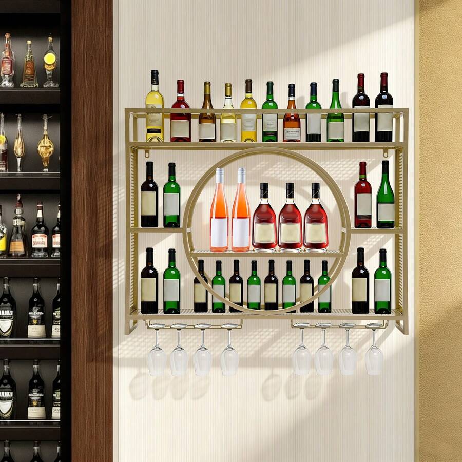 ZHFEISY 3-Tiers Wall Mounted Wine Rack, Modern Round Hanging Metal Display Stand With Wine Glass Holder Hanging Industrial Liquor Shelf For Kitchen, Living Room, Home - Gold - View 1