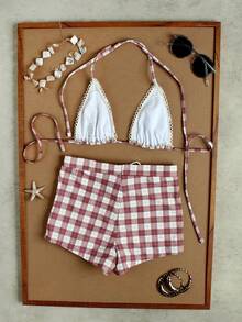 Bộ bikini nữ mùa xuân/hè mới họa tiết kẻ caro buộc cổ, kiểu dáng gợi cảm, thích hợp cho đi biển, hẹn hò, dự tiệc. - Nhiều màu - Xem 3