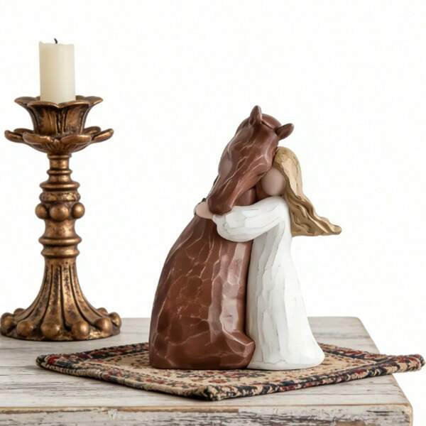 Hand-Painted Resin Sculpture Of Girl Hugging Horse, Equestrian Inspired Decor, Rustic Style Home Accent, Ideal Gift For Horse Owners, Animal Lovers And Friends, Can Be Placed On Living Room Or Bedroom Desk