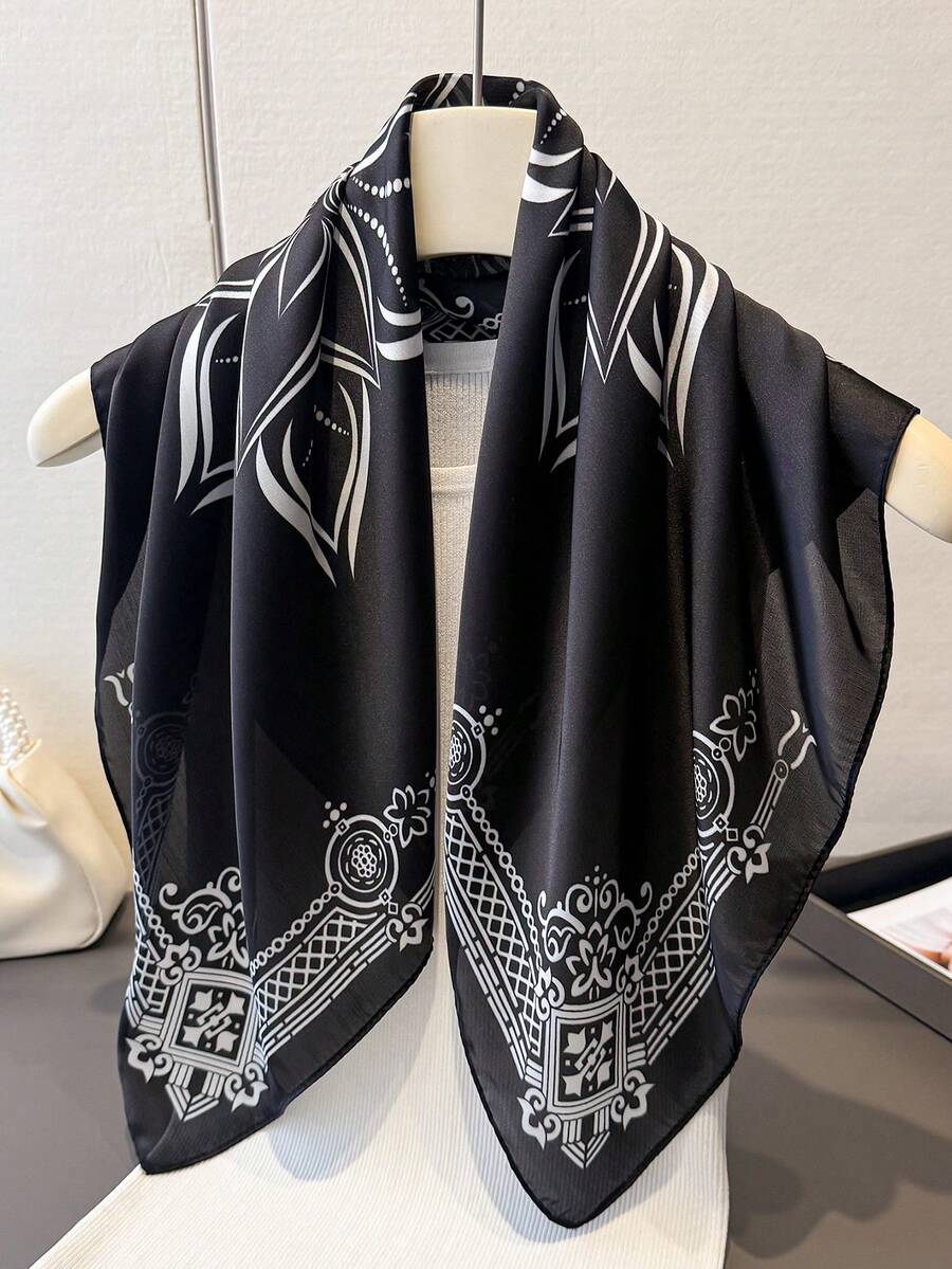 1 件装古典佩斯利花纹头巾薄款防晒披肩女士发巾仿丝绸方巾手提包头巾适合海滩、街头、日常、度假、装饰丝带。 - FG399-1 黑色 - 查看 1