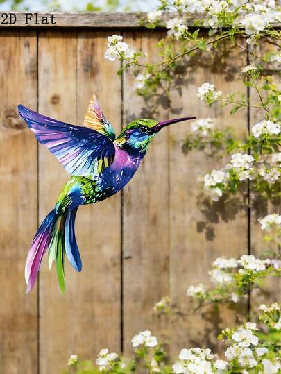 2D Flat Rainbow Hummingbird Iron Wall Sculpture - Vibrant Tropical Bird Coastal Decoration, Weather Resistant Hanging Art For Shell Beach Walls, Balconies, And Gardens, Gifts For Seaside Villas And Bird Enthusiasts