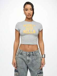 90210 Retro Streetwear Crop Top Baby Tee Y2K Fashion Los Angeles County Statement Fitted Short Sleeve Summer Casual T-ShirtLeisure - 灰色 - 查看 6