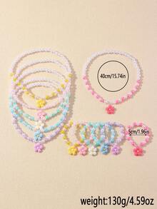 Conjunto de 12 peças com pingente de flor delicado, colar com pérolas, brincos e anel. Ideal para festas, escola e como presente de aniversário para meninas. - Multicolorido - Ver 3