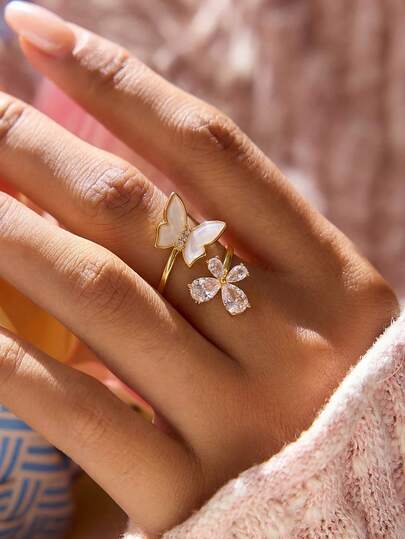 1 buc inele deschise delicate cu fluture emailat și floare CZ pentru femei, inel reglabil deschis din cupru placat cu aur, accesorii pentru femei, bijuterii estetice drăguțe de primăvară pentru petrecere, cadou romantic pentru Ziua Îndrăgostiților, Ziua Mamei