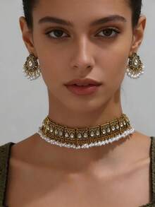 1条项链，1对耳环 时尚复古孔雀翅膀流苏夸张首饰套装，女士款 - 銅色 - 查看 1