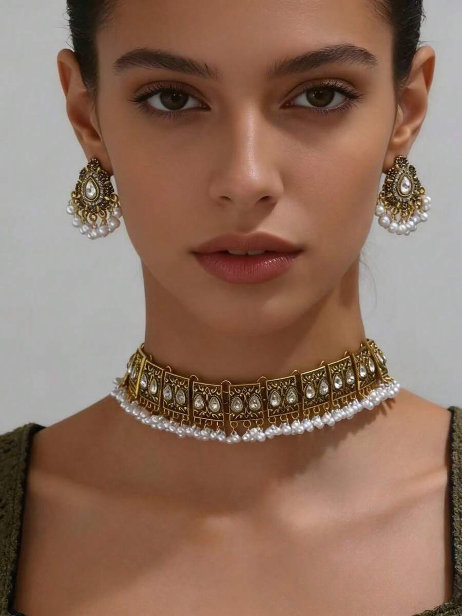 1条项链，1对耳环 时尚复古孔雀翅膀流苏夸张首饰套装，女士款 - 銅色 - 查看 1