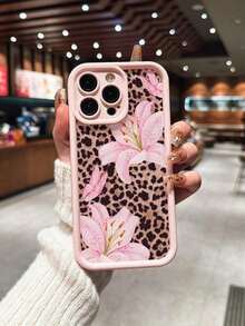 Cute Pink Lily Flower & Leopard Print Matte Anti-Drop Phone Case Compatible With IPhone 11, 12, 13, 14, 15, 16, 13 Pro Max, 16 Plus, XR, 7, 8 Plus, 17 Pro Max, AIR - 粉色 - 查看 2