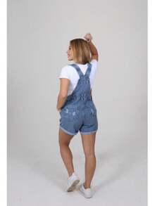 Jardineira Jeans Feminina Macacão Short  Mom Destroyed - Azul - Visão 5