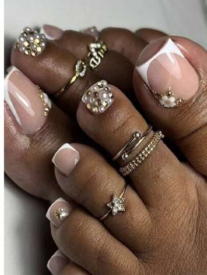 24pcs Glossy Short Square Press-On Toenails, White French Style Fake Toenails With Rhinestone, Pearl & Flower Design, Full Coverage Pink Acrylic Toenails, Nail Art Supplies For Women