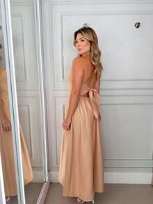 Women's Long Strapless Dress With Back Tie In Elegant Premium Tailoring - Mocha Brown - View 3