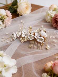 1pc Light Pink Flower & Pearl Handmade Hair Comb Accessory For Women - White - View 8