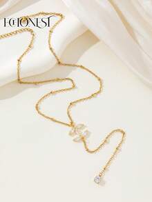 1pc Stainless Steel Gold-Tone Rhinestone Letter C Pig Nose Pendant Y-Necklace, Party Accessory - Yellow Gold - View 2