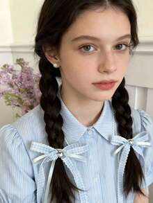 2个甜美心形水晶蝴蝶结发夹，清新格子蕾丝缎带公主风刘海夹 - A - 查看 3