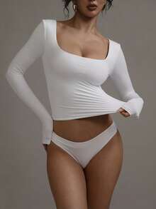 XLLAIS Áo thun nữ hai lớp cổ vuông tay dài gợi cảm co giãn cao cấp màu trắng - trắng - Xem 5