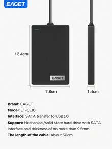 EAGET 2.5" Hard Drive Enclosure, USB 3.0 5Gbps, Supports Up To 6TB, Tool-Free Installation, Durable ABS Material, Smart Sleep Function - Compatible With Computers, Laptops And Phones, Plug And Play (Solid State Drive Not Included) - Black - View 9