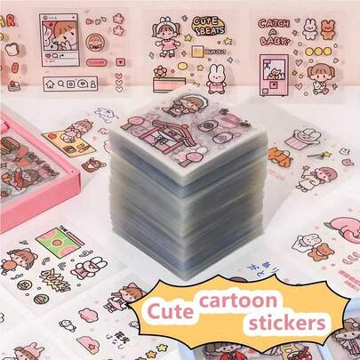 10/50/100pcs Cute Cartoon Sticker Set, Handwritten Transparent Stickers, Glossy, Suitable For Decorating Notebooks, Laptops, Guitars, Water Bottles And Luggage, Each Design Is Unique.