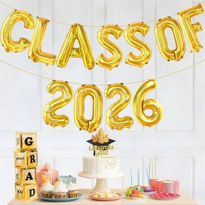 11pcs Class Of 2026 Balloon Banner (Gold, Rose Gold, Silver, Black), 16 Inch Alphabet Number Foil Balloons In Multiple Colors, Suitable For 2026 Graduation Decoration, Classroom Decor, Graduation Ceremony, Graduation Party, Wall Banner, Backdrop, Porch Sign, Tabletop Decor And Graduation Car Decoration