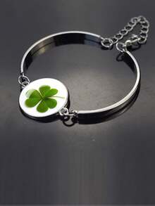 1pc Elegant Lucky Bracelet, Embedded With Four-Leaf Clover Glass Dome Design, Fashionable And Generous, Suitable For Men And Women, An Excellent Gift And Ideal Birthday Present - Silver - View 14